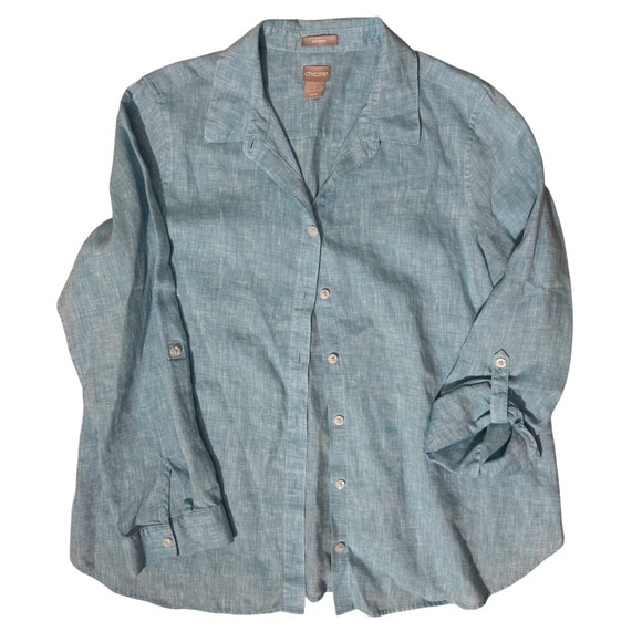Chico's Tops - Chico's Womens‎ 2 12/14 Shirt 100% Linen Button Down Roll Tab Sleeves Aqua Blue